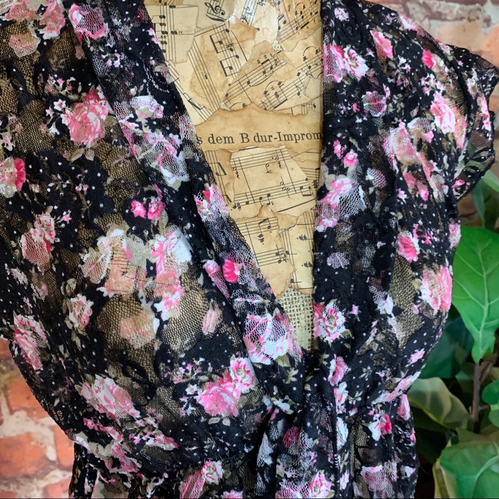 Floral Cottage Core Top Baby Doll Spandex Ties L - Picture 2 of 16